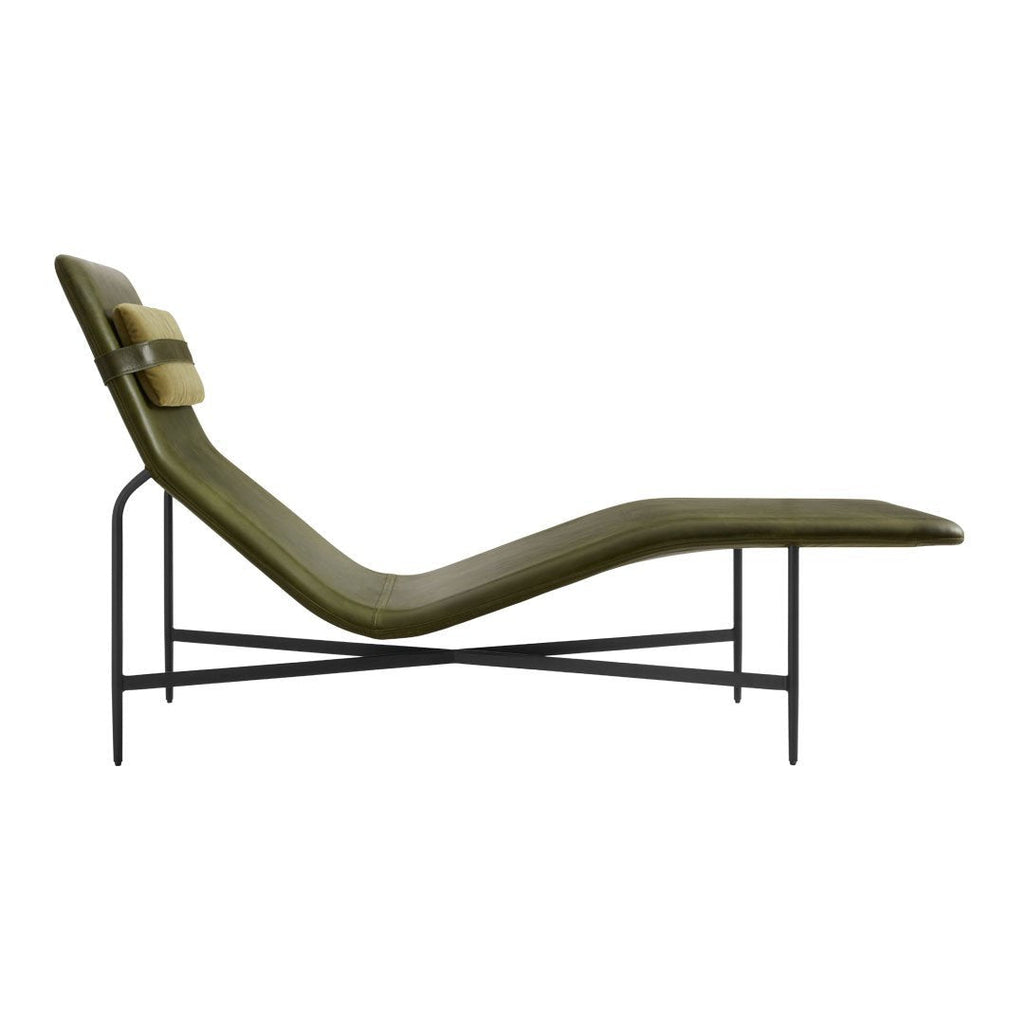Chaise longue contemporanea industriale in pelle e acciaio con cuscino lombare scorrevole per soggiorno
