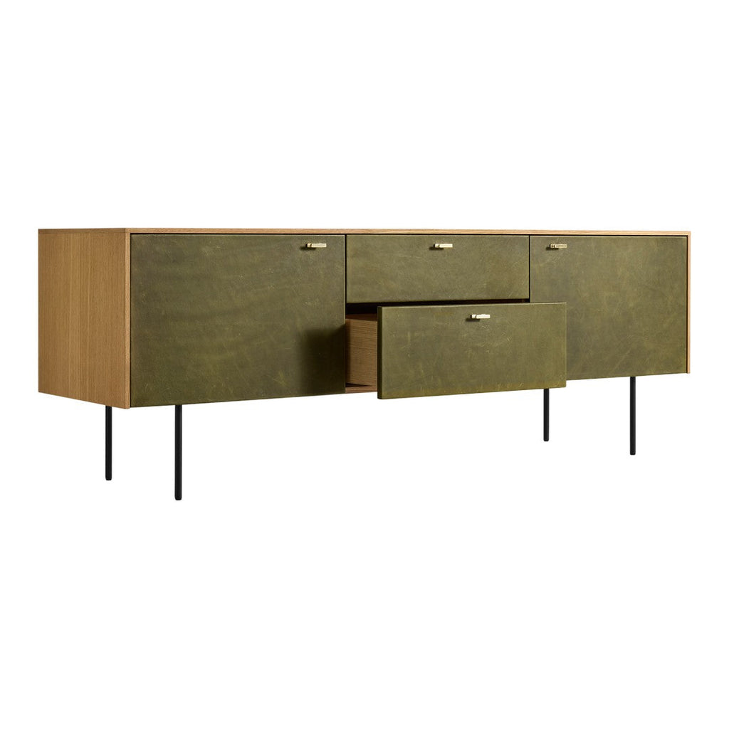 Consolle moderna in legno massello e pelle con cassetti a chiusura ammortizzata e maniglie in ottone per il soggiorno