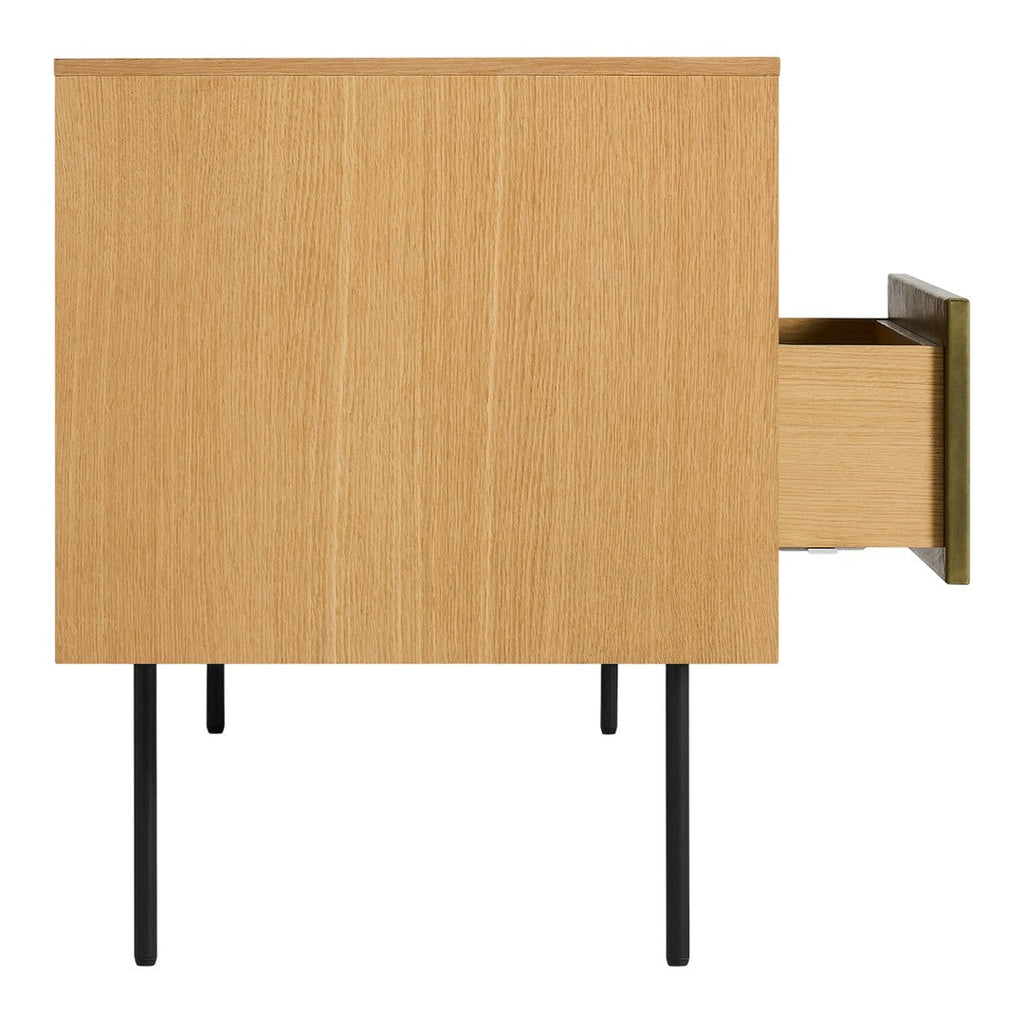 Consolle moderna in legno massello e pelle con cassetti a chiusura ammortizzata e maniglie in ottone per il soggiorno