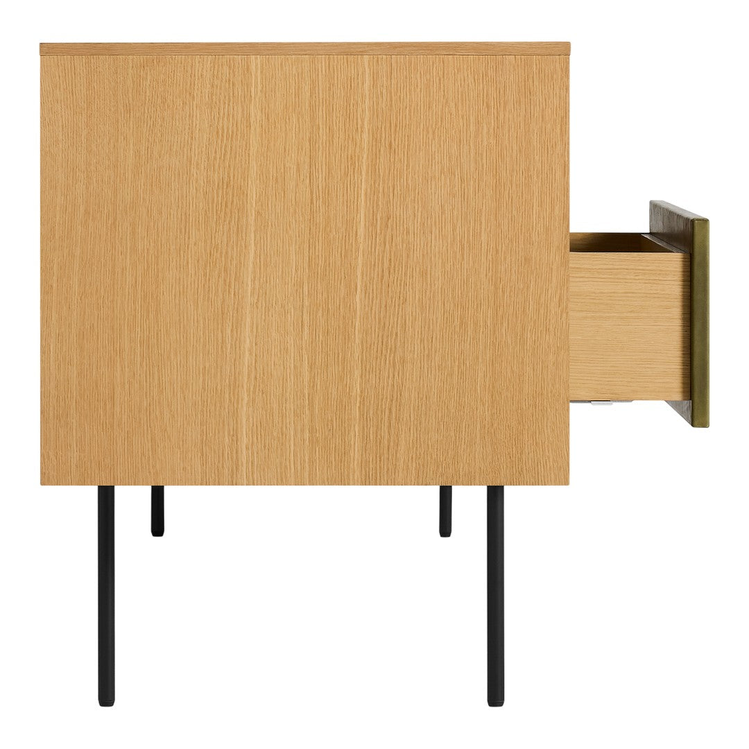 Consolle moderna in legno massello e pelle con cassetti a chiusura ammortizzata e maniglie in ottone per il soggiorno