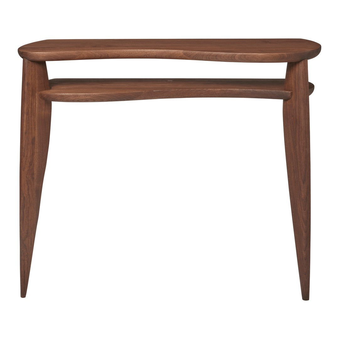 Consolle da parete scandinava in noce massello naturale con doppie mensole curve per ingresso