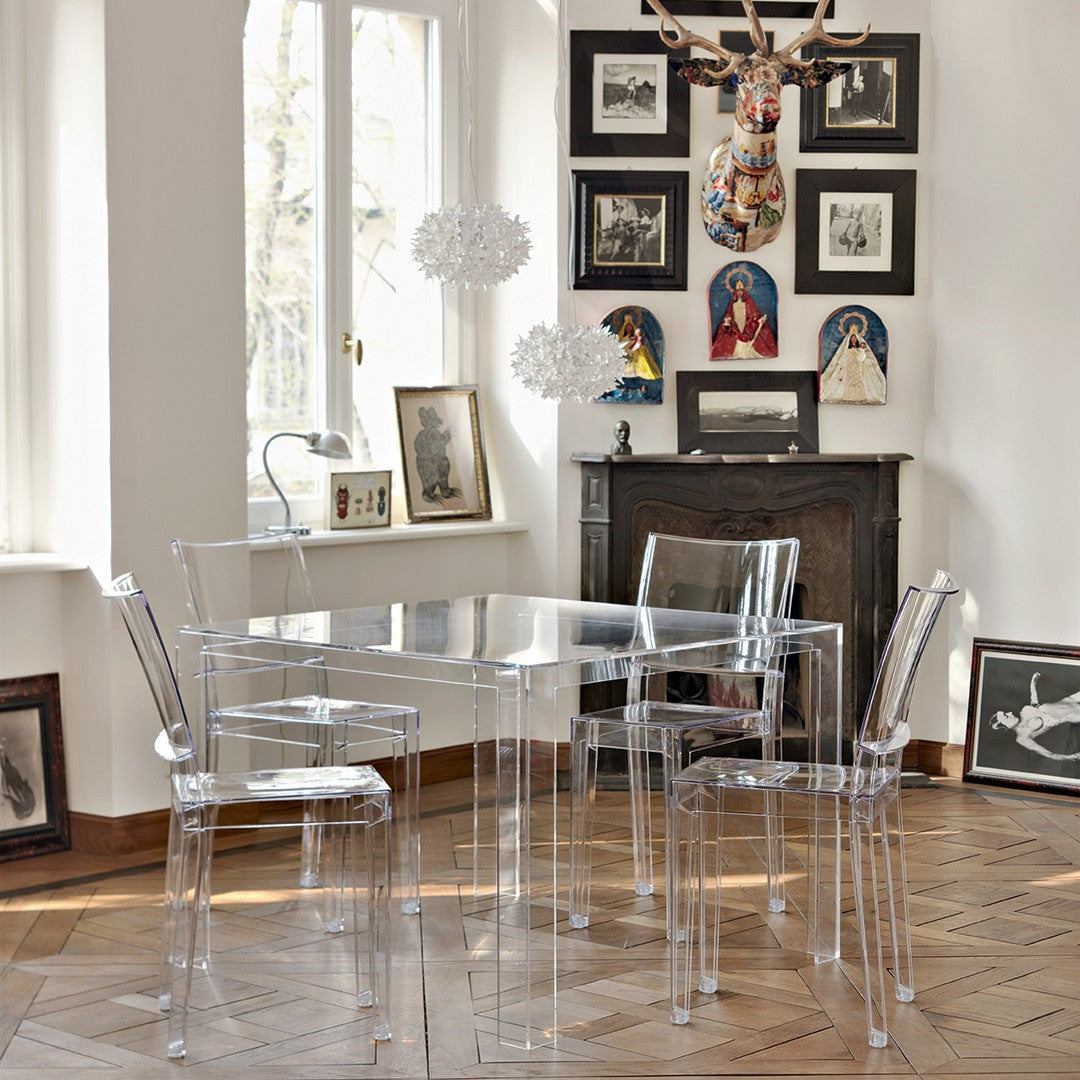 Set di sedie da pranzo in policarbonato ultra-minimalista con forma monopezzo completamente trasparente per sala da pranzo