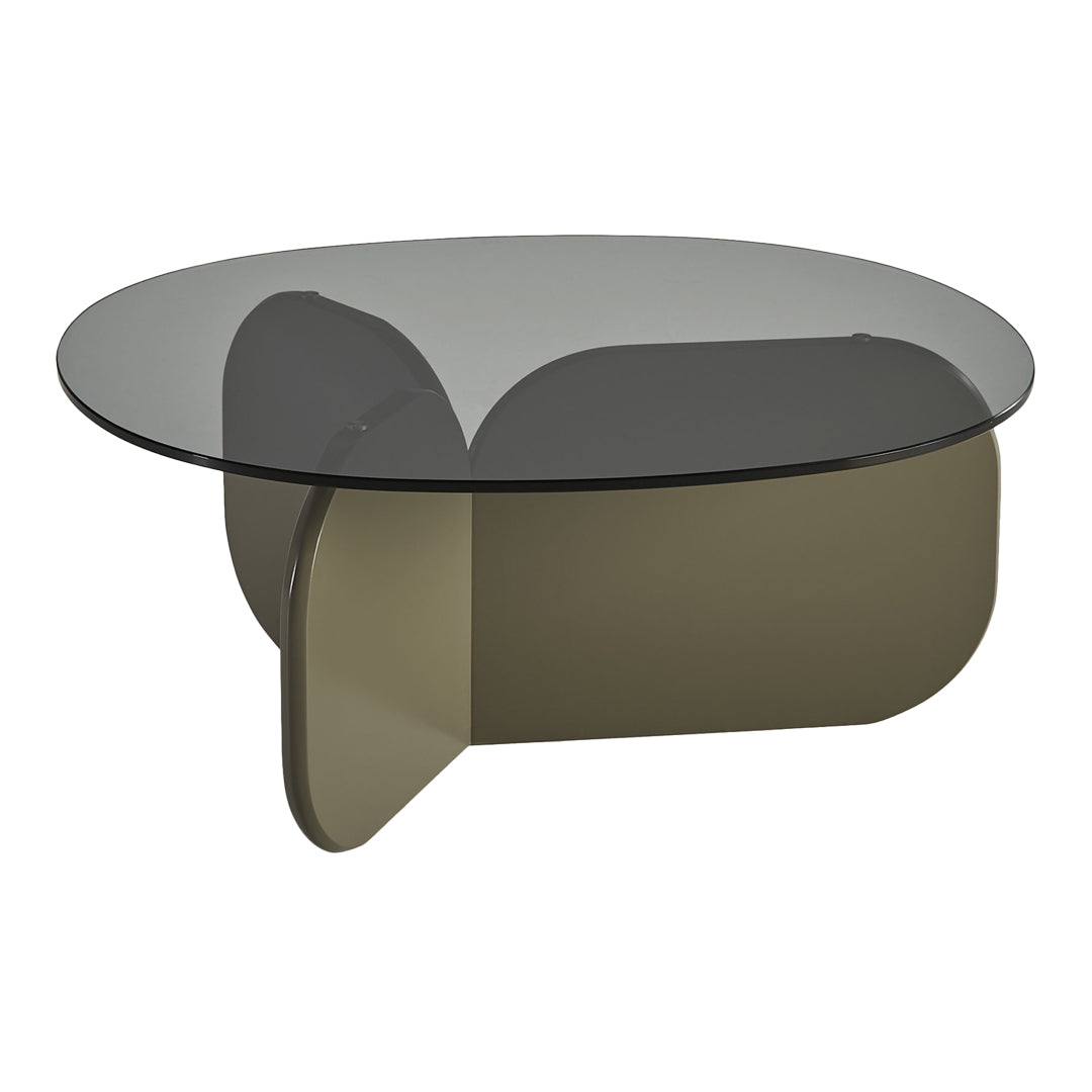 Tavolino rotondo contemporaneo da salotto in vetro fumé scultoreo e base laccata
