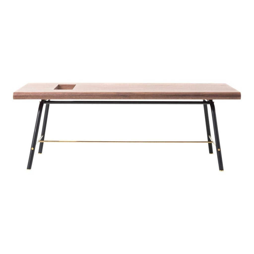 Tavolino da caffè contemporaneo in pelle e ottone con design funzionale e lineare per il soggiorno