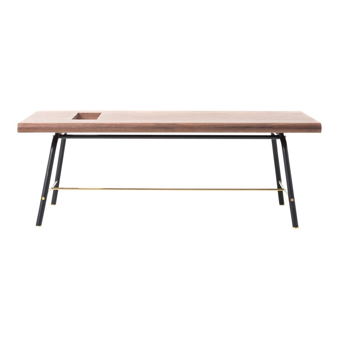 Tavolino da caffè contemporaneo in pelle e ottone con design funzionale e lineare per il soggiorno