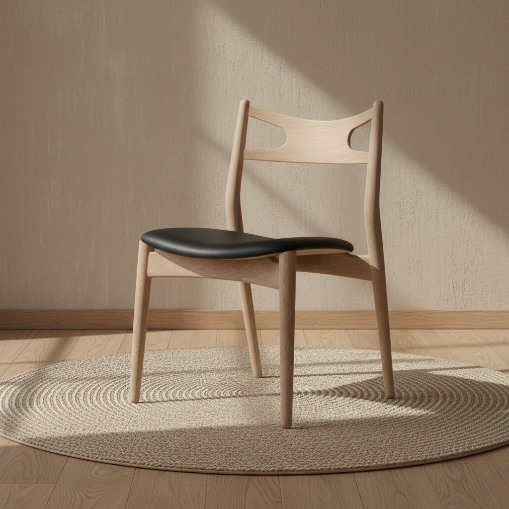 Sedia Sawbuck danese in legno massello artigianale con struttura scultorea a schienale curvo per sala da pranzo