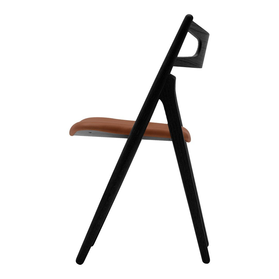 Sedia Sawbuck danese in legno massello artigianale con struttura scultorea a schienale curvo per sala da pranzo