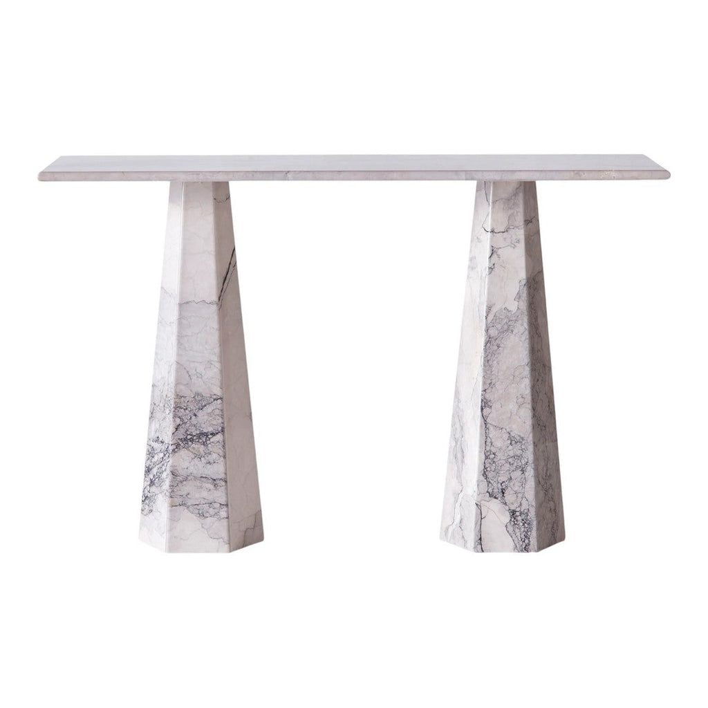 Tavolo Consolle Moderno in Marmo Geometrico e Legno Massello con Base Esagonale per Ingresso