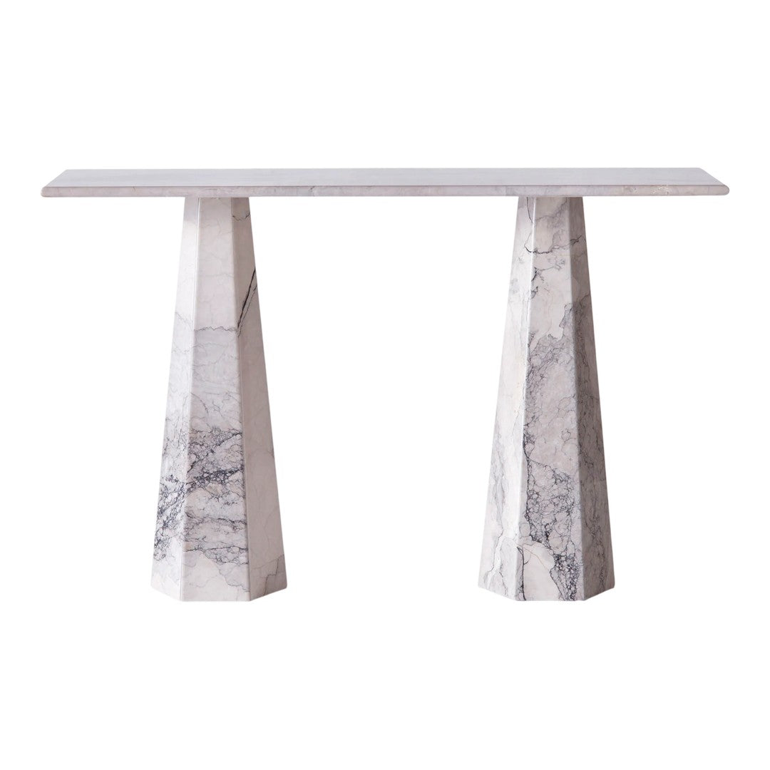 Tavolo Consolle Moderno in Marmo Geometrico e Legno Massello con Base Esagonale per Ingresso