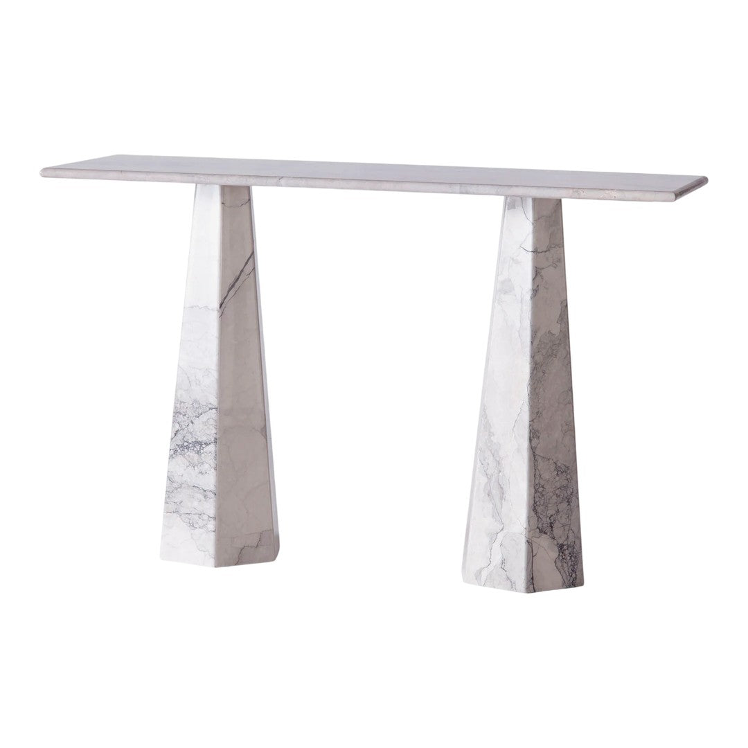 Tavolo Consolle Moderno in Marmo Geometrico e Legno Massello con Base Esagonale per Ingresso