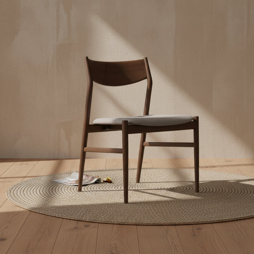 Sedia laterale minimalista giapponese in legno massello e imbottita con design dalle proporzioni perfette di Naoto Fukasawa per la sala da pranzo