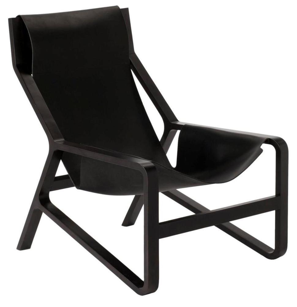 Poltrona Lounge in Pelle Nera Western Rugged e Faggio Massiccio con Sedile a Sospensione in Cuoio Sellato per Soggiorno