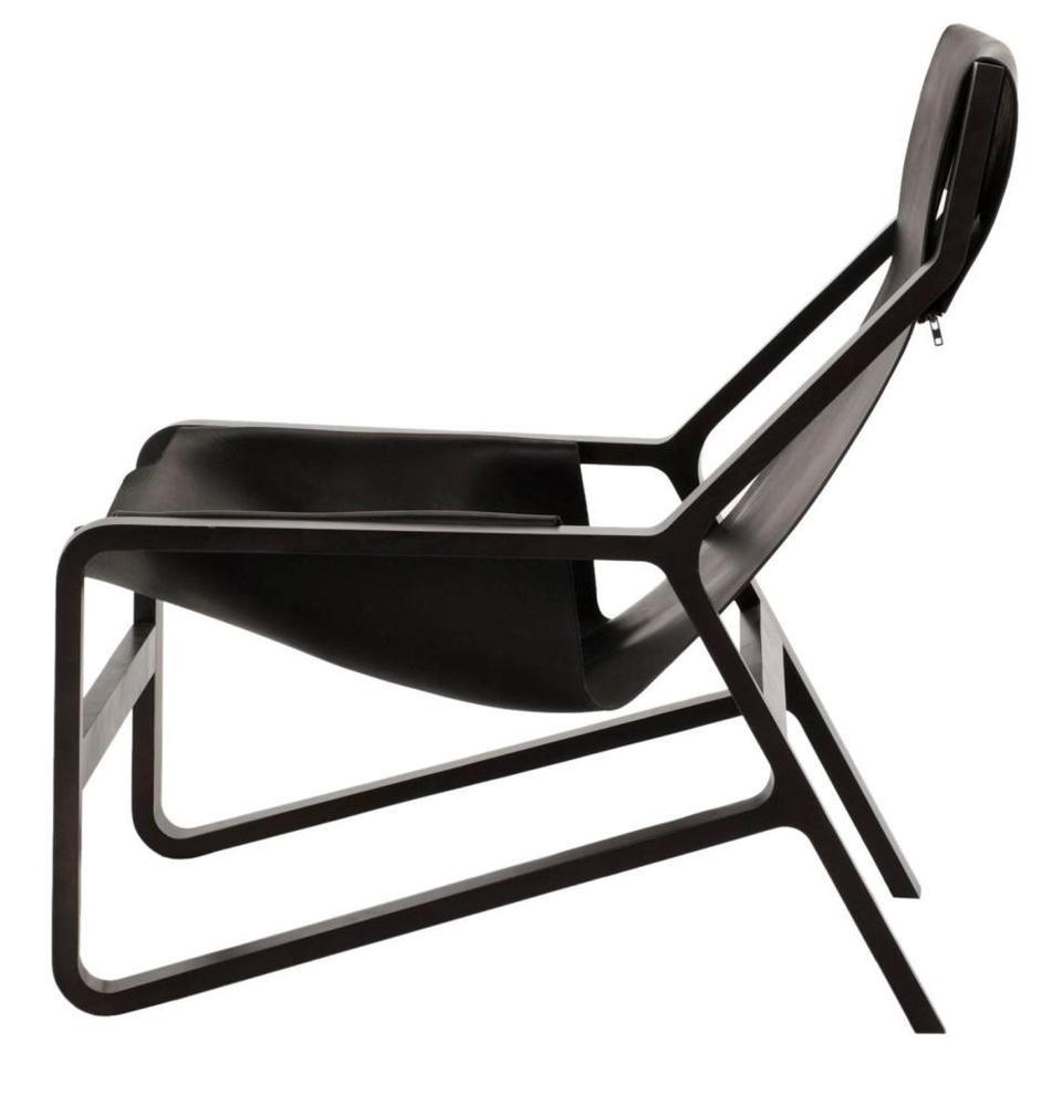 Poltrona Lounge in Pelle Nera Western Rugged e Faggio Massiccio con Sedile a Sospensione in Cuoio Sellato per Soggiorno