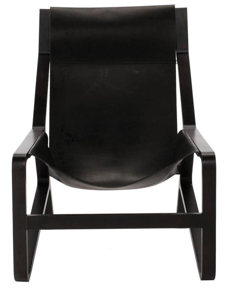 Poltrona Lounge in Pelle Nera Western Rugged e Faggio Massiccio con Sedile a Sospensione in Cuoio Sellato per Soggiorno