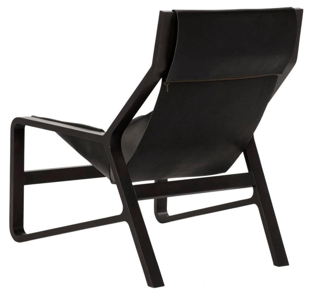 Poltrona Lounge in Pelle Nera Western Rugged e Faggio Massiccio con Sedile a Sospensione in Cuoio Sellato per Soggiorno